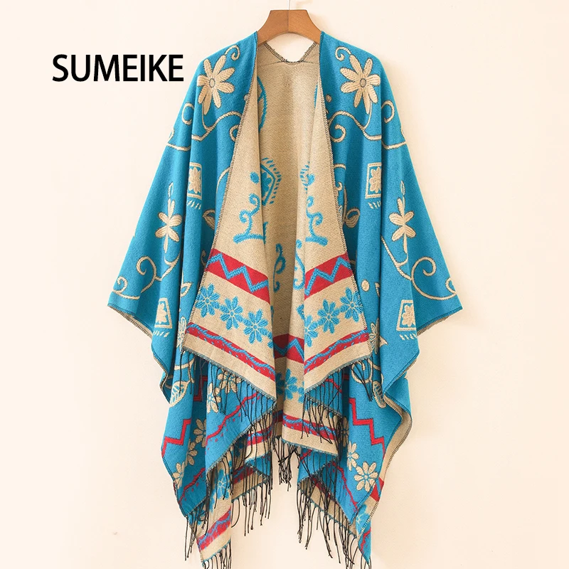 [SUMEIKE] 2016 теплое одеяло шарф женские пончо и накидки шейный платок вышивка длинный