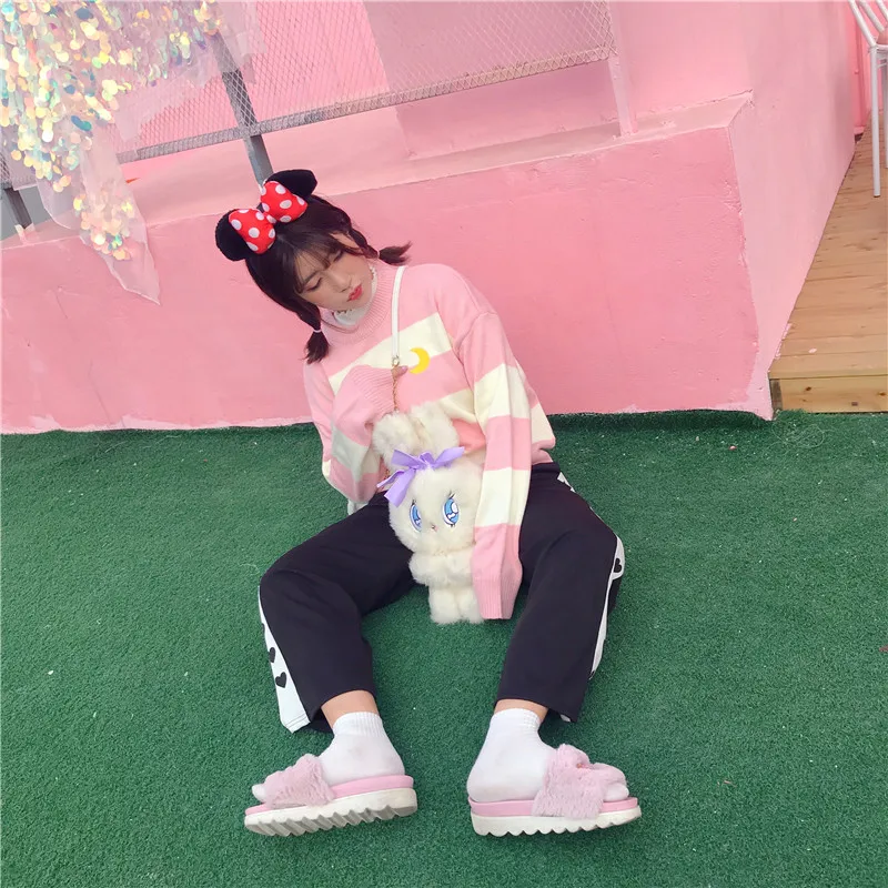 Harajuku модные женские туфли свитер сладкий Карамельный цвет полосатый вязаный свитер Симпатичные Луна вышивка хлопок Для женщин пуловер свитер