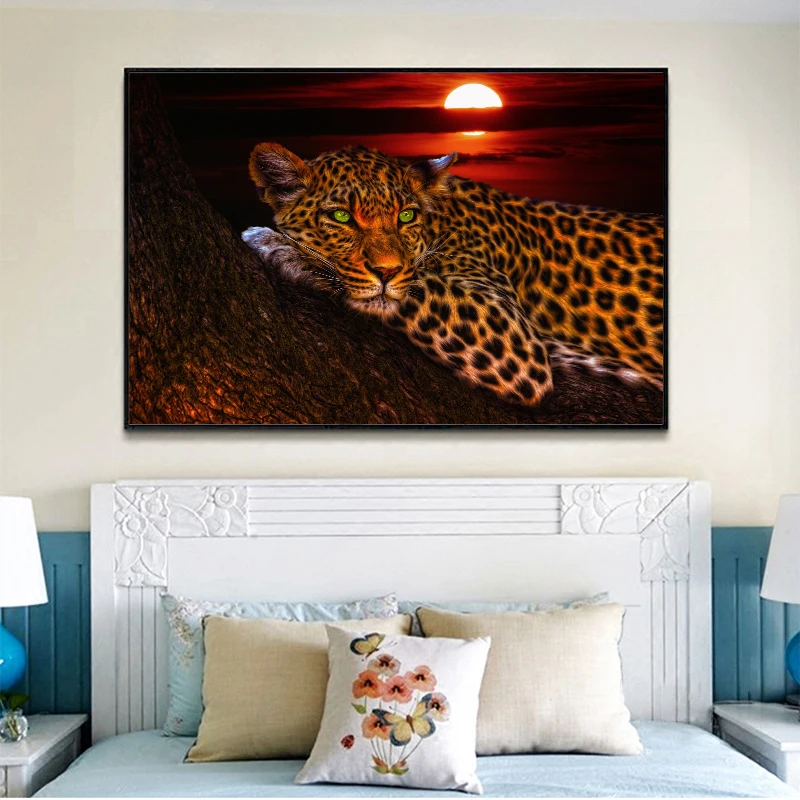 

SELFLESSLY Wall Animal Paintings Leopard On Tree Sunset Art Pictures Prints For Living Room Canvas Art Modern Painting