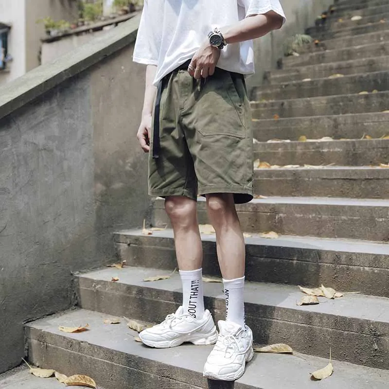 

Outdoor 2021 Summer cargo elastic waist teenagers multi pocket loose climbing hiking trekking overalls short trousers men