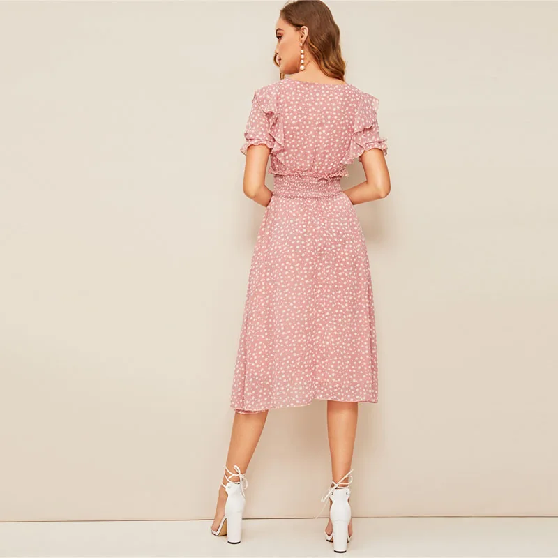 Dotfashion, розовое платье с оборками, с пышными рукавами, гофрированное, приталенное, женское, лето, бохо, v-образный вырез, для девушек, ТРАПЕЦИЕВИДНОЕ, с высокой талией, платье es