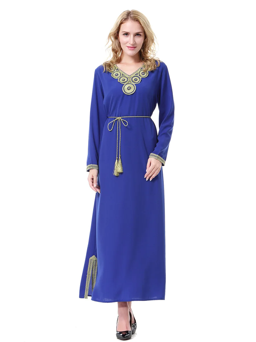 Модное вышитое мусульманское женское платье с длинным рукавом Дубай Макси Abaya
