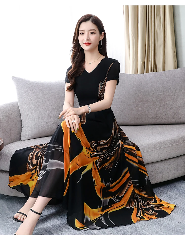 Летнее винтажное черное шифоновое платье миди в стиле бохо, элегантное женское облегающее Платье 4XL размера плюс, макси платья с принтом, вечерние пляжные платья