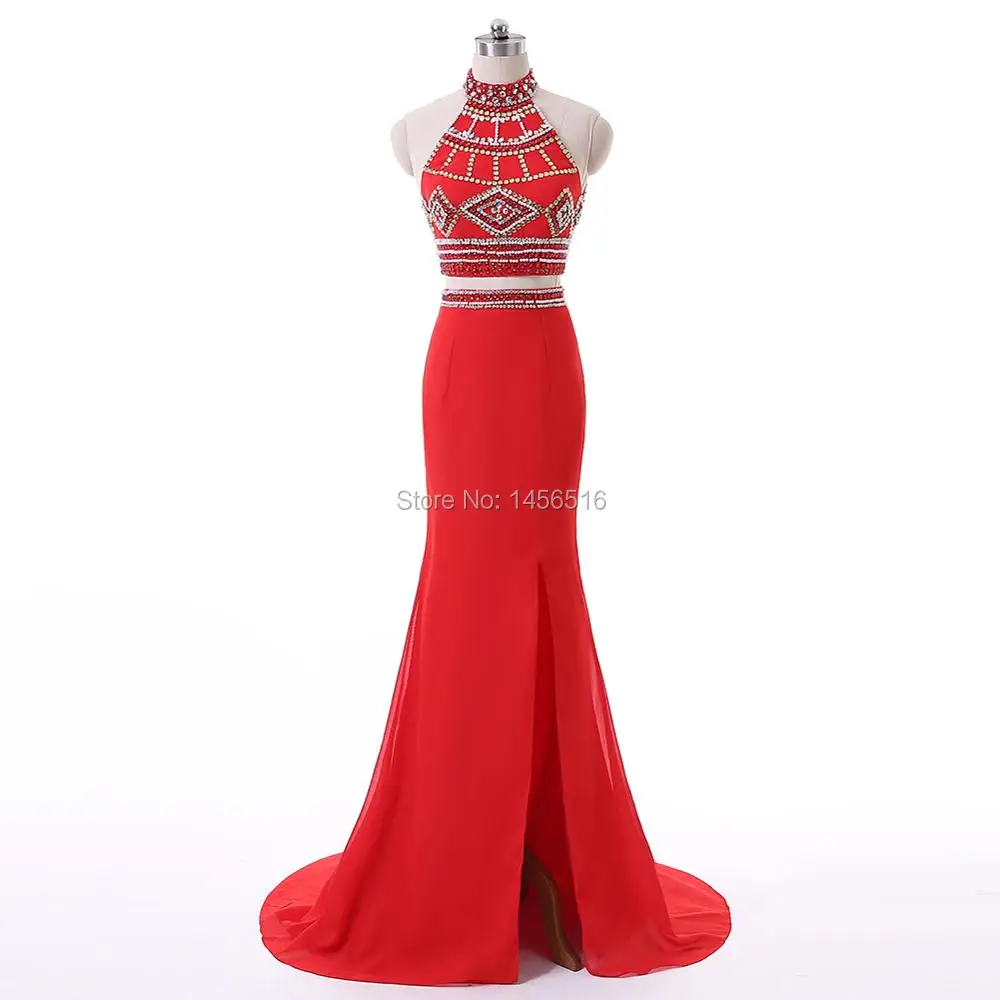 123013 Вт Vestidos De Fiesta модные Средства ухода за кожей Шеи пол Длина Кристалл бисера Разделение Вечерние платья Красный две части Выпускные платья