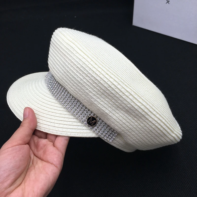 Весенне летняя новая белая кепка с уткой женская Соломенная дрель темно синяя