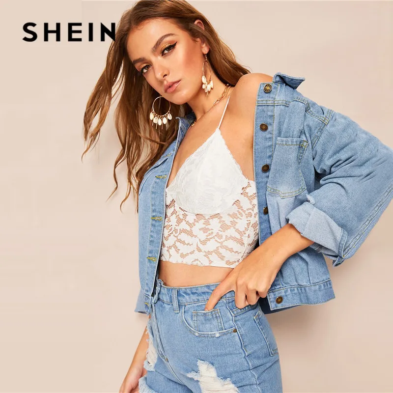 SHEIN рваные потертые джинсы с вышивкой, Женская Повседневная однобортная джинсовая куртка, синяя свободная Женская Корейская куртка