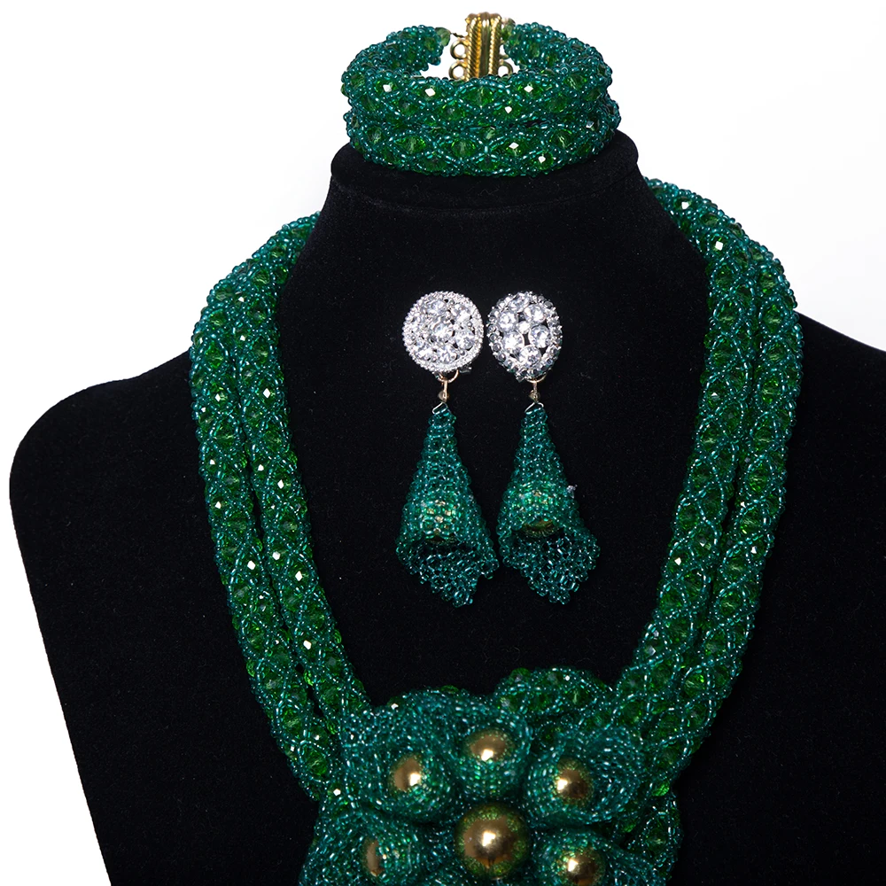 New Style African Wedding Jewelry Set Bridal Costume Green Crystal Beads Flowers Nigerian Women Party Necklace | Украшения и