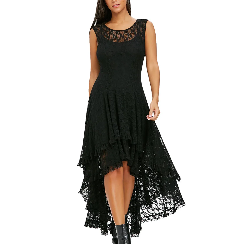 Женская модная одежда с круглым вырезом однотонное кружевное платье без рукавов