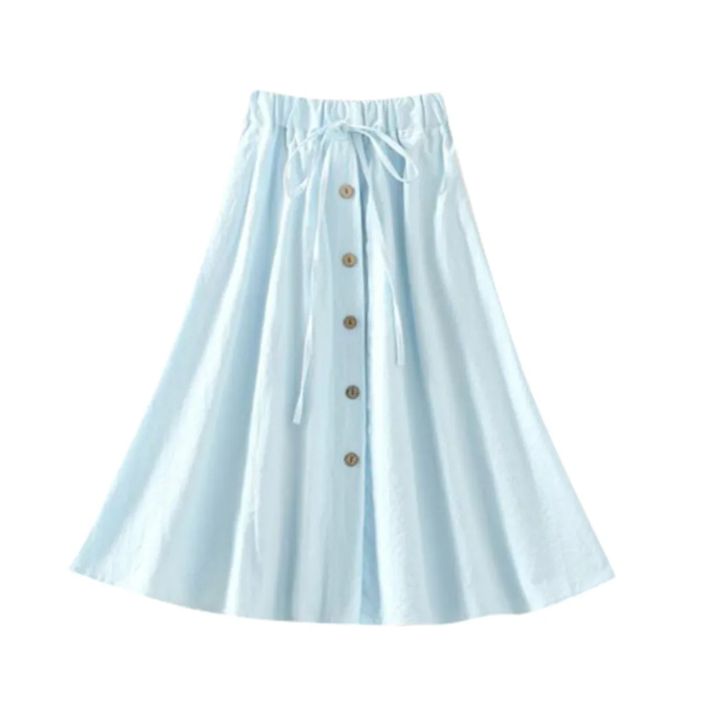 Light blue Летние Осенние женские юбки миди длиной до колена, Корейская элегантная свободная однотонная льняная юбка с кружевной талией и пуговицами для отдыха W425 - Цвет: Light blue