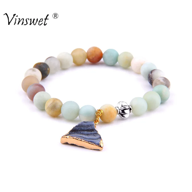 Charm Bracelets Natural Stone Amazonite Round Bead Bracelet Solid Crystal Druzy for Women Men Fashion Jewelry|Плетеные браслеты| |