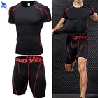 Летние сжатия Для Мужчин's одежда для бега быстросохнущая тренажерный зал для обучения фитнесу, спортивный костюм, комплект с шортами, для бега, спортивный костюм спортивная одежда рубашки с коротким рукавом