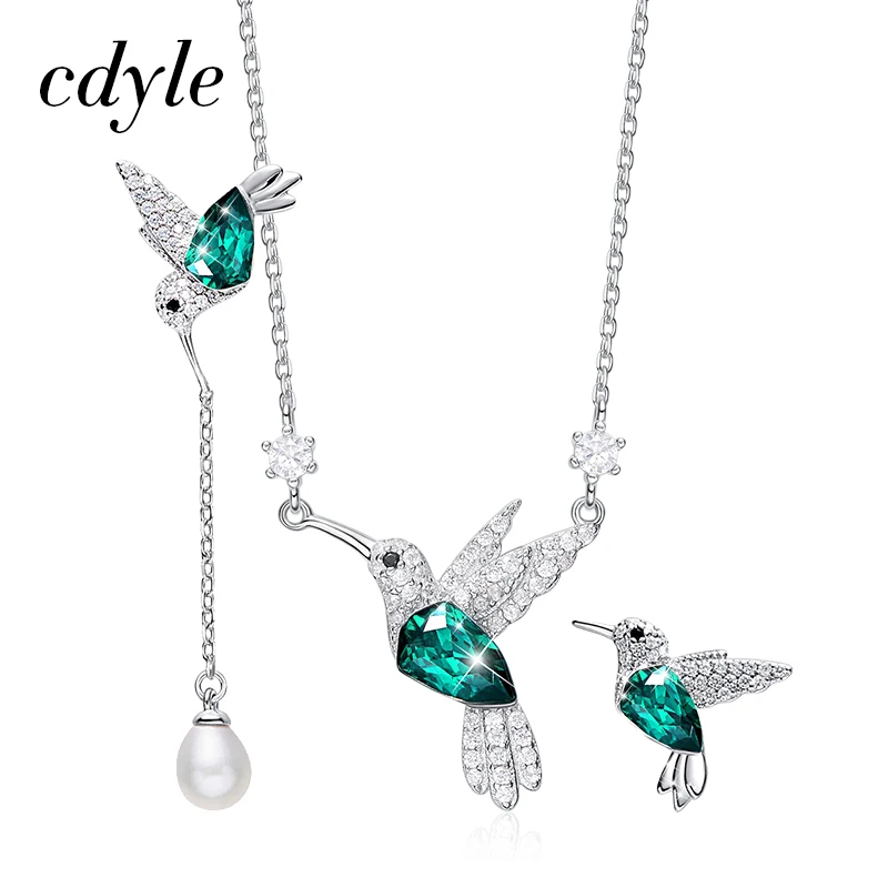 Cdyle 925 пробы серебряные женские Ювелирные наборы для женщин украшенные кристаллами колье «Колибри» и серьги - Окраска металла: Green YN0692 YE1307