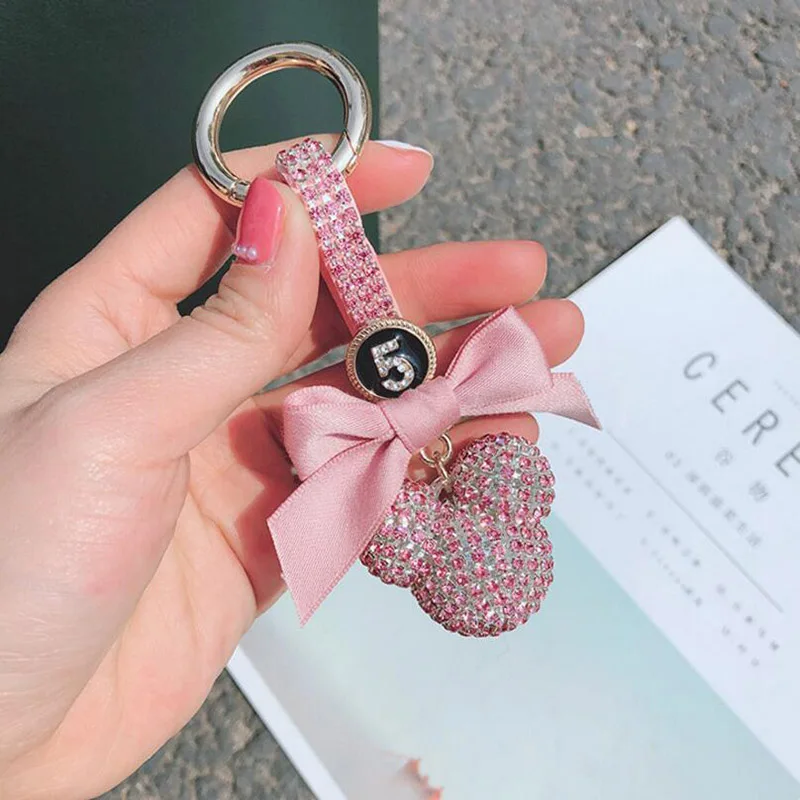 Mickey-pink Алмазная Хрустальная круглая шаровая буровая Веревка Брелок пряжка для ключей от автомобиля лук водяная буровая сумка Подвеска из нержавеющей стали брелок авто аксессуары - Название цвета: Mickey-pink