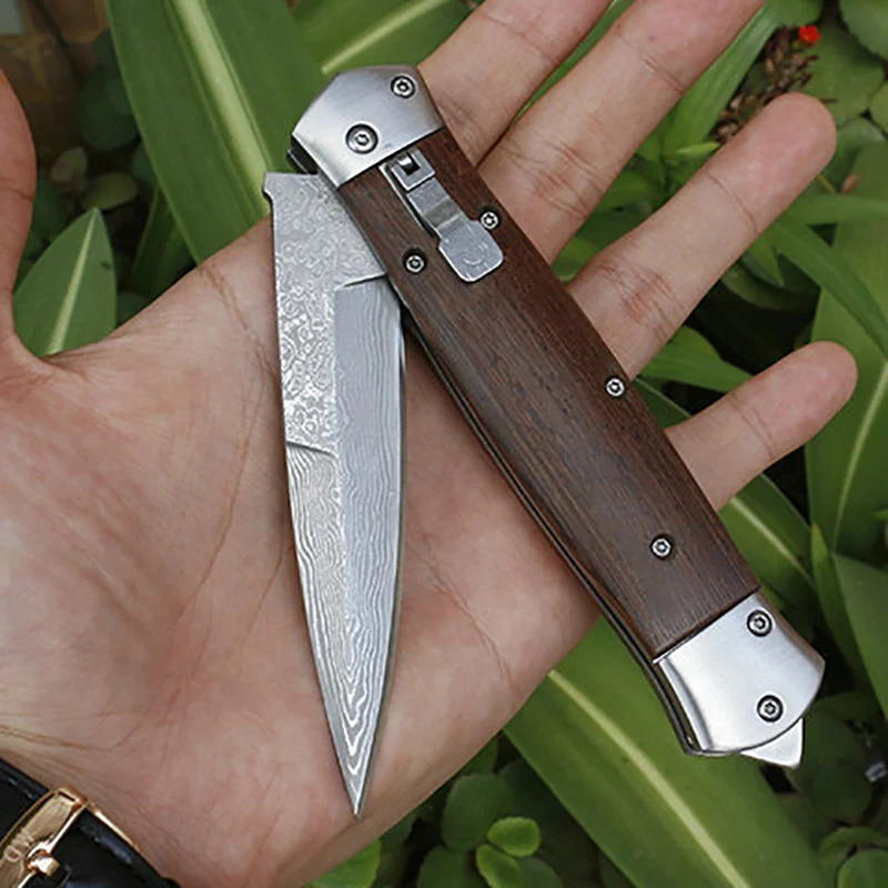 

Free shipping sharp Damascus steel imports blacksmithing camping tool folding knife wood handle outdoor self-defense knife