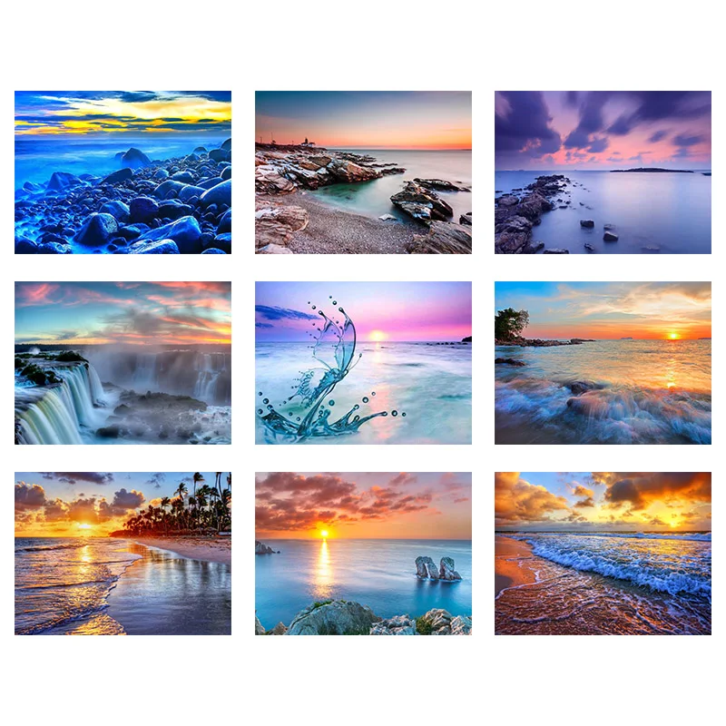 

Framed Home Decor DIY 5D Diamond Painting Cross Stitch Kit Beach Sunset Pattern Wall Sticker Mosaic Diamond Embroidery Painting