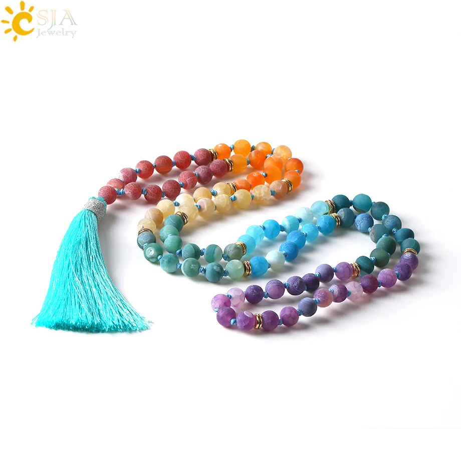 Женское длинное ожерелье CSJA из 7 чакр с кисточкой камня Mala Amazon Lapis Lazuli Tiger Eye Boho