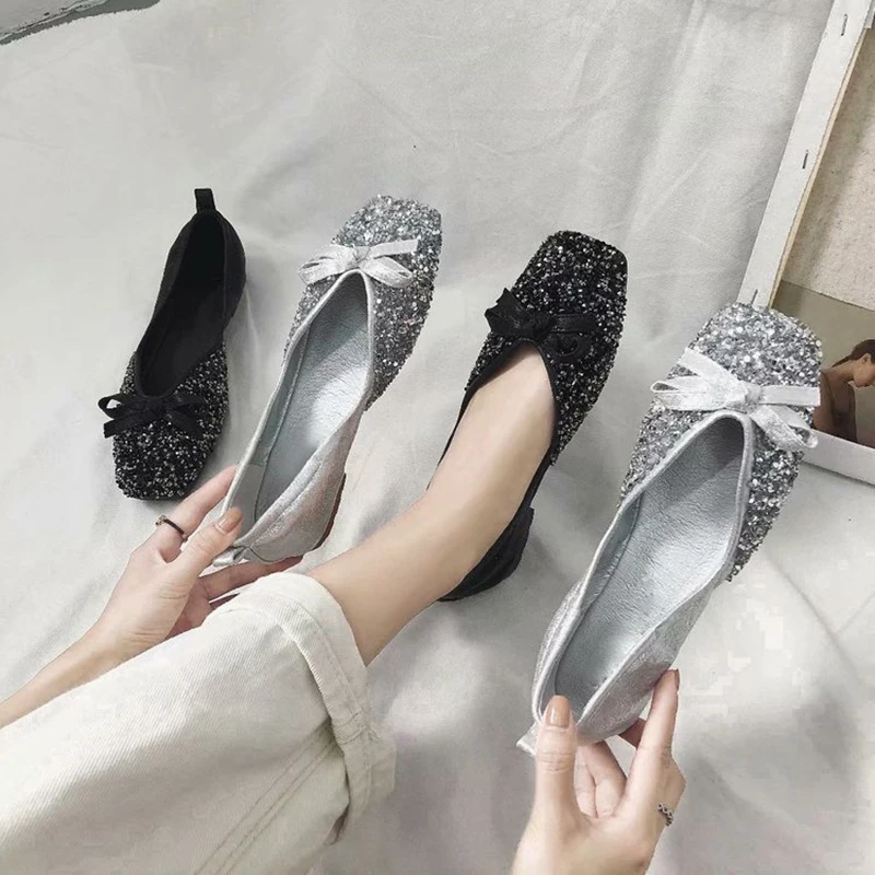 Bling горный хрусталь Лоферы без застежки кожи лук-узел Эспадрильи с квадратным