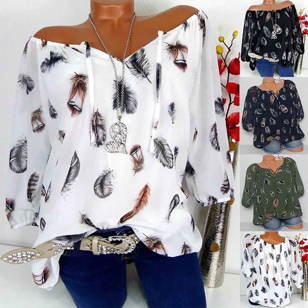 

Fashion Casual Women Shirts Plus Size Half Sleeve Feather Print V-neck Blouse Pullover Tops Shirt blusas mujer de moda 2020 A60