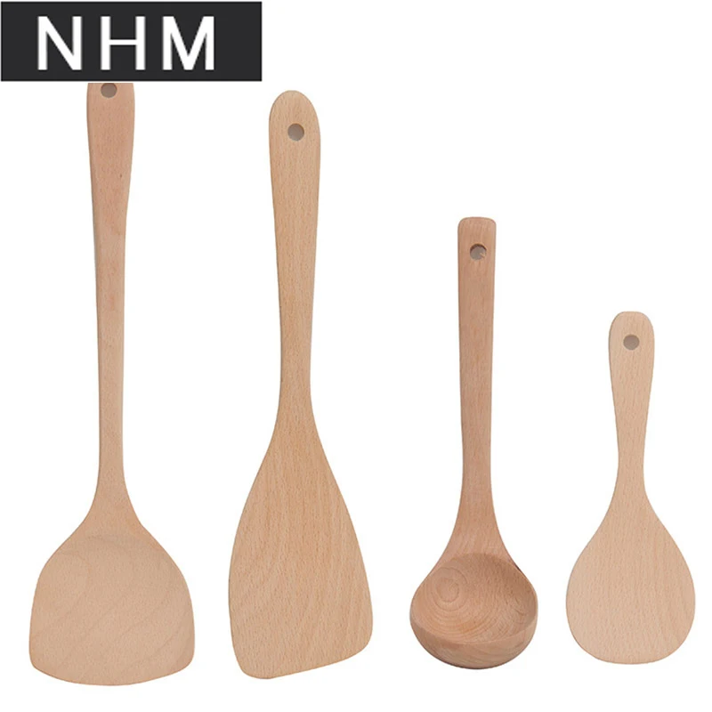 

NHM 4 pieces of set Beech wooden solid wooden spatula with non-stick pan