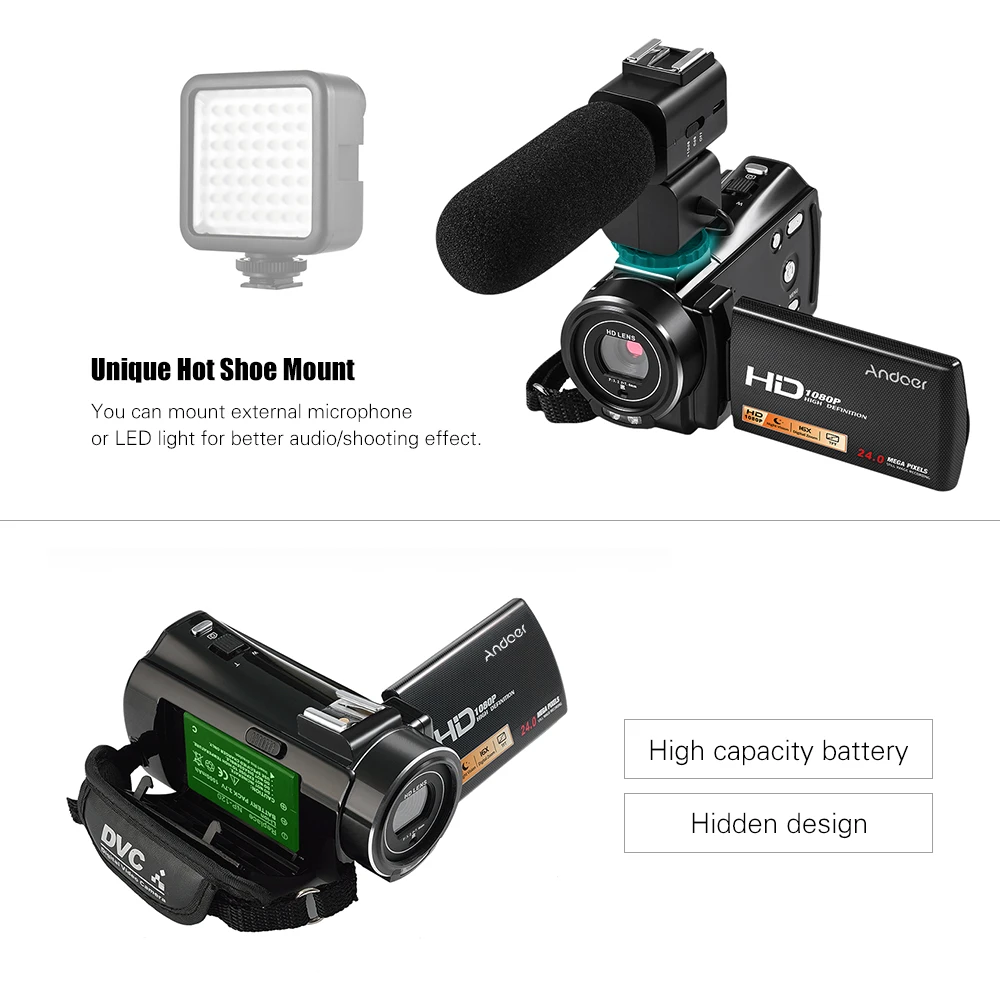 Andoer Цифровая видеокамера Fotografica 1080P Full HD 24MP портативный + внешний микрофон 0.45X