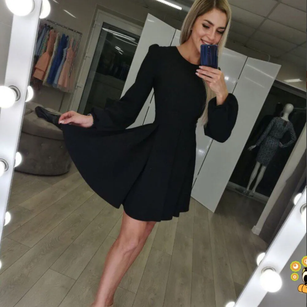 Женское винтажное платье BornToGirl с длинным рукавом и круглым вырезом цвет черный