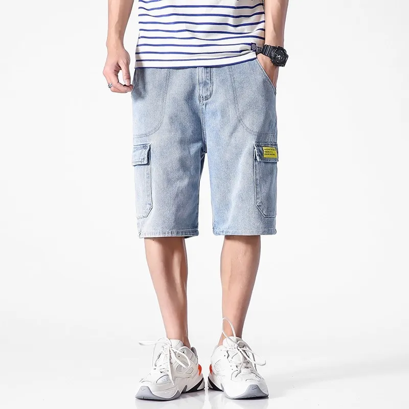 Мужские джинсовые шорты-карго Синие рваные шорты до колена зауженный силуэт в