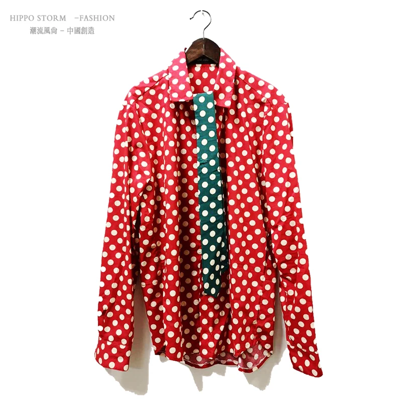

M-XXL!!!!Casual fashion red wave point slim shirt cotton shirt Korean version of the British casual shirt hairdresser nightclub.