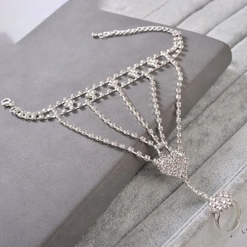 Fashion Famous Brand Jewelry Antique Silver Plated Women Girl Rhinestone Hand Bangle Chain Link Finger Ring Bracelet | Украшения и