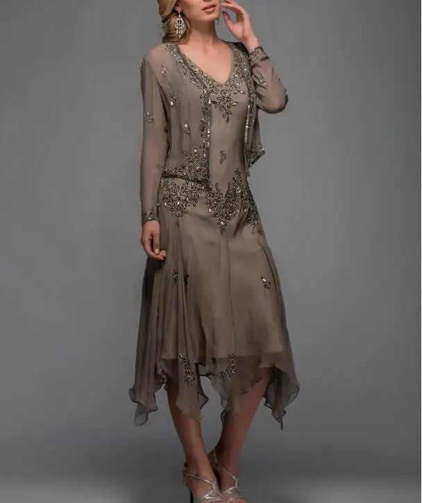 2019 чай Длина мать невесты жениха платья с жакетом аппликации и бисером V образный