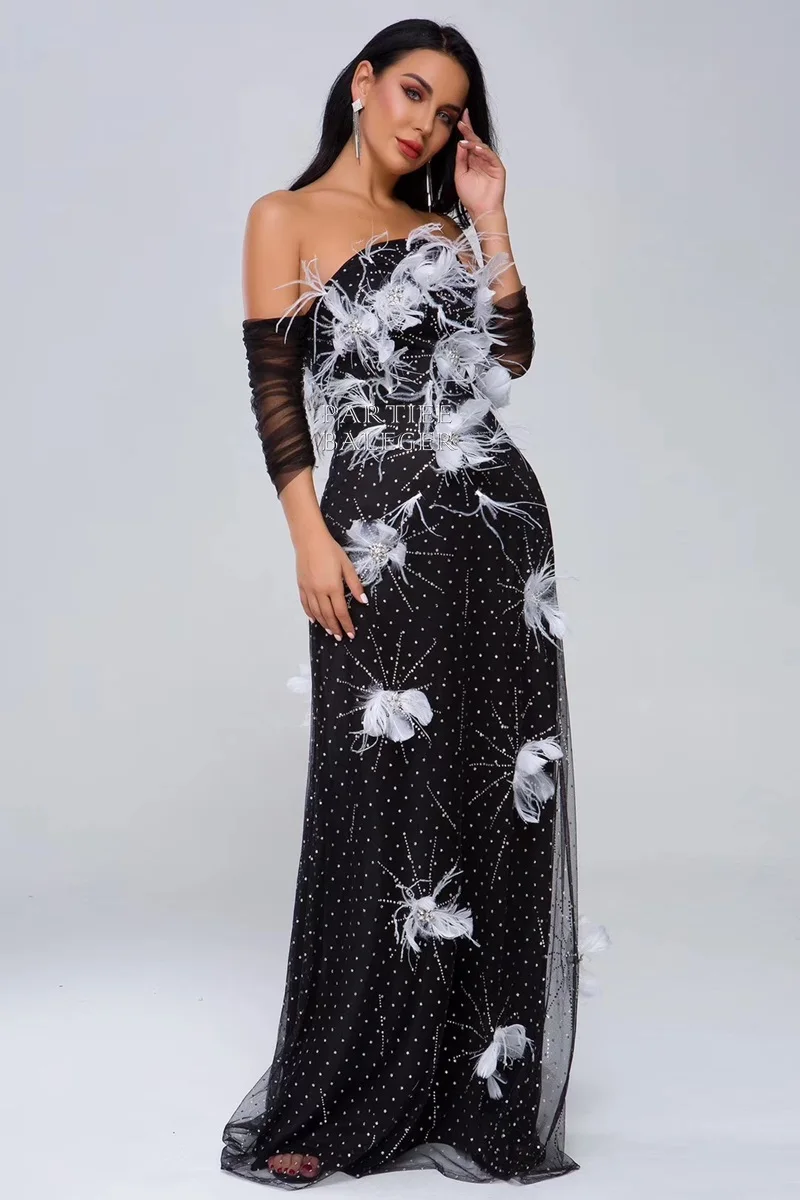 PB 2020 новое модное сексуальное Белое платье с открытыми плечами бисер перьями