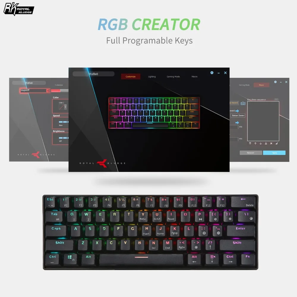 RK61 Беспроводной Bluetooth Механическая игровая Портативный 60% Клавиатуры 61 клавиш rgb-пульт одной светодиодной подсветкой Подсветка, темно-синий, коричневый, красный переключатель