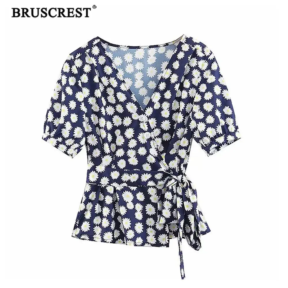 Женские винтажные топы и блузки с v-образным вырезом цветочным принтом