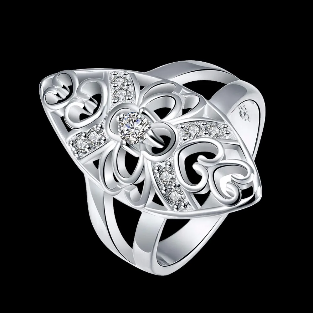 Gem Ring Inlaid CZ Zircon Women Crystal Accessories Silver Plated Flower Pattern Statement Trendy Brand Jewelry Wholesale Gifts | Украшения