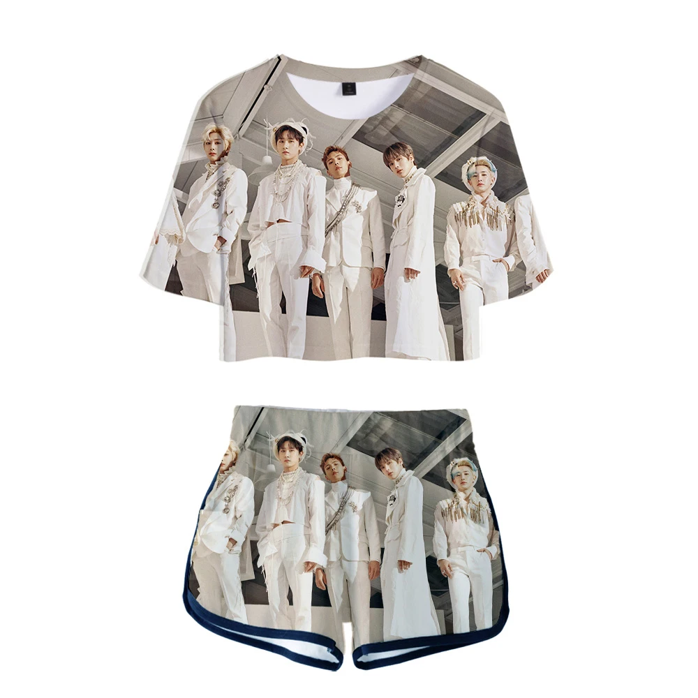 LUCKYFRIDAYF MONSTA X 3D комплект из двух предметов Сексуальная хлопковая футболка для женщин стиль 3D футболка хип-хоп костюм Шорты повседневные топы+ шорты