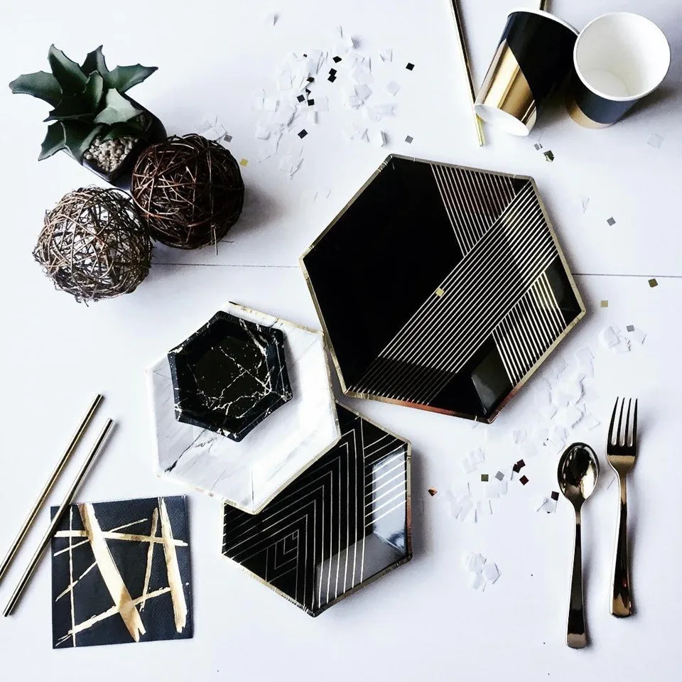 1 Set Black Gold Series Disposable Tableware Birthday Balloons Gilding Paper Straws/Cup Table Decoration Wedding//Party Supplies | Дом и сад