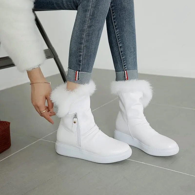 plush inside white EGONERY/уличные зимние сапоги; женская обувь на плоской платформе; Прямая ; очень теплые плюшевые зимние ботильоны с круглым носком; цвет белый, черный, красный - Цвет: plush inside white