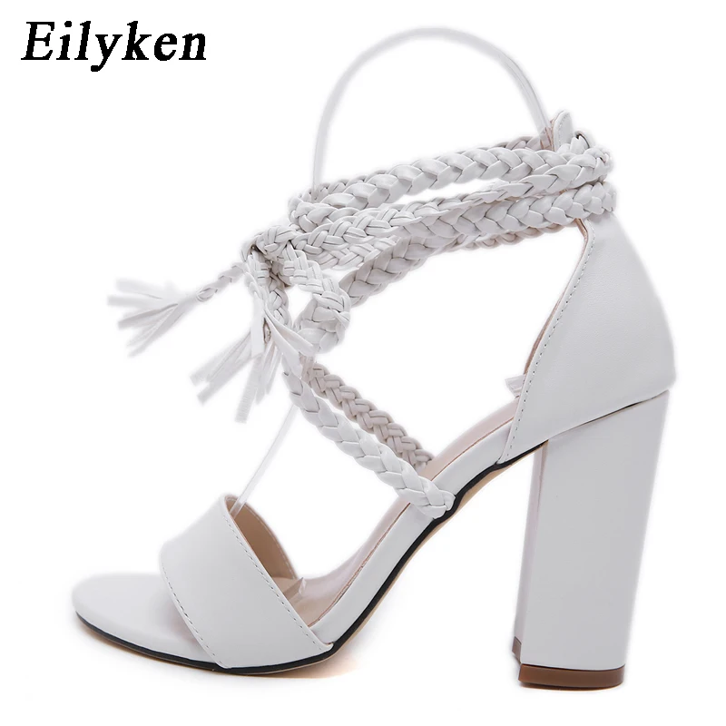 Eilyken; Новинка года; женские босоножки; модная обувь на высоком каблуке; Цвет черный, белый; женские летние босоножки с перекрестной шнуровкой; Туфли на шнуровке с открытым носком