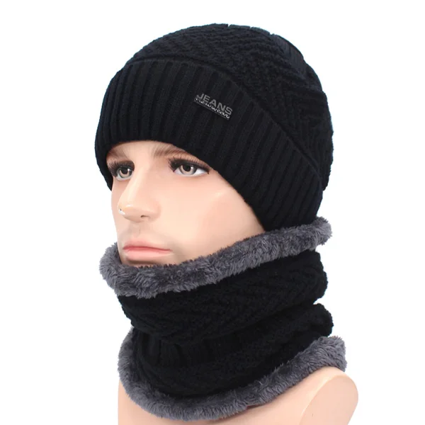 black set AETRUE брендовая зимняя Шапки для Для мужчин Для женщин зимняя шапочки Для мужчин шарф вязанные шапки кепки мужская маска капор Теплый Шеи Шапка-бини - Цвет: black set