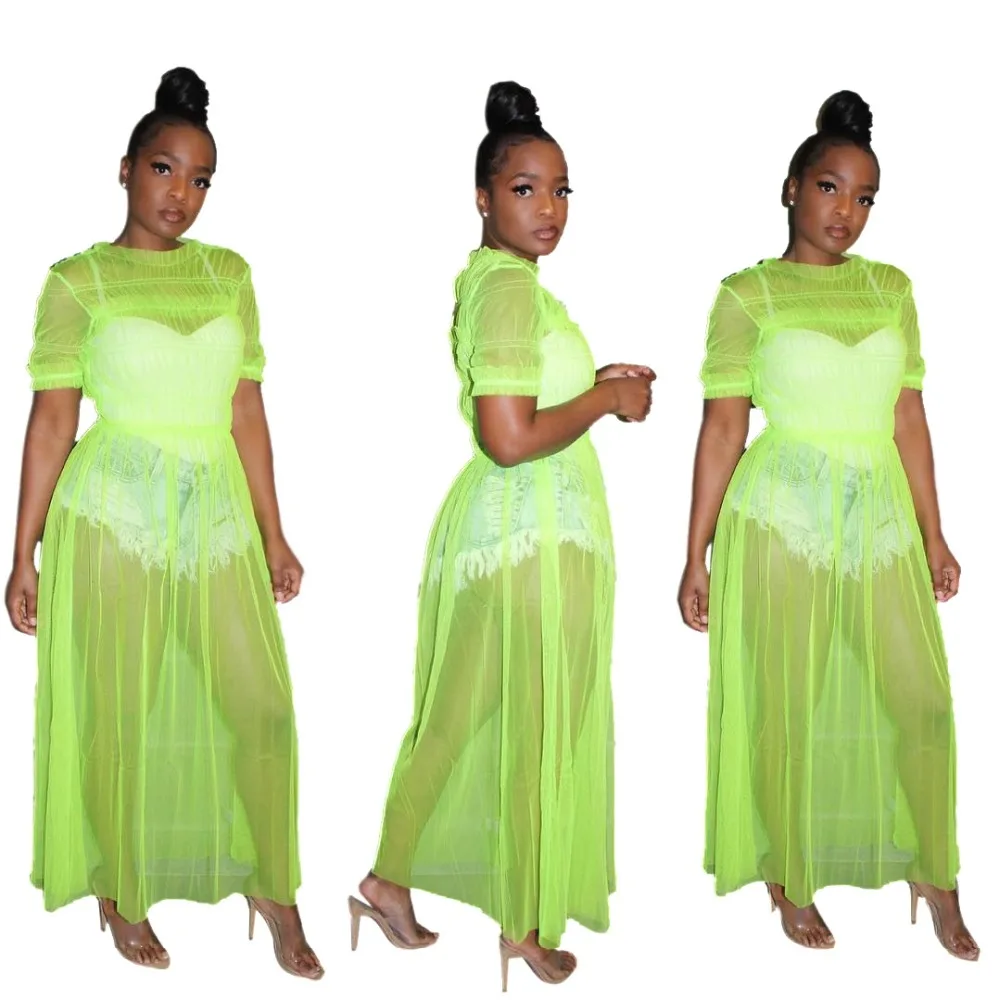 2019 летнее женское однотонное Сетчатое прозрачное вечернее платье с волнистыми