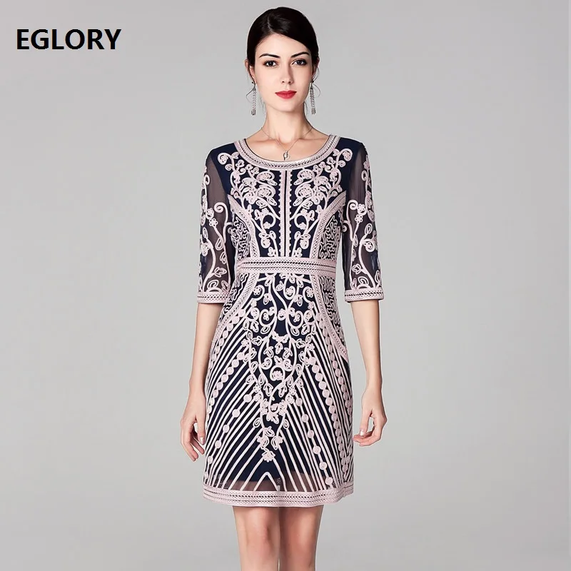 

XXXXL Vestidos De Festa 2020 Spring Fashion Party Cocktail Women O-Neck Allover Appliques Embroidery Bodycon Sheath Dress Femme