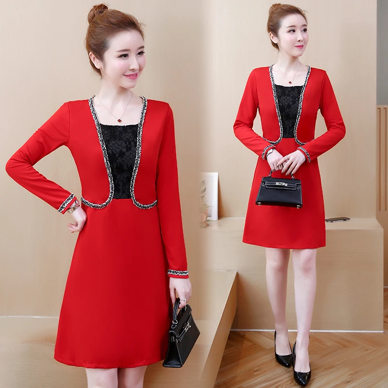 Red L-5XL размера плюс женское элегантное торжественное платье Весна Корейская мода длинный рукав пэтчворк кружева поддельные две части платья для девушек - Цвет: Red
