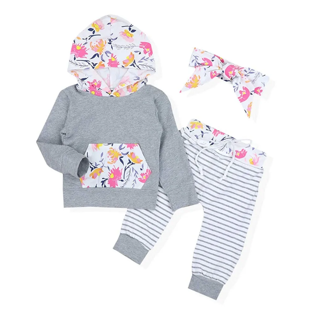 Oklady Baby Girl Outfits Florals Hoodie Top with Pocket Striped Long Pants and Headband Clothes Set | Детская одежда и обувь
