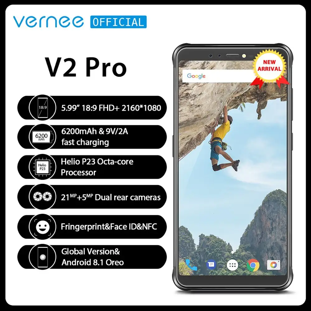 Vernee V2 Pro глобальной сети IP68 Водонепроницаемый прочный смартфон 5,9" FHD Full Экран 6 ГБ 64 ГБ 21MP Android 8,1 4 г мобильного телефона