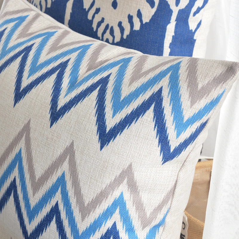 Льняная наволочка домашний декоративный чехол для подушки Ikat синий серый