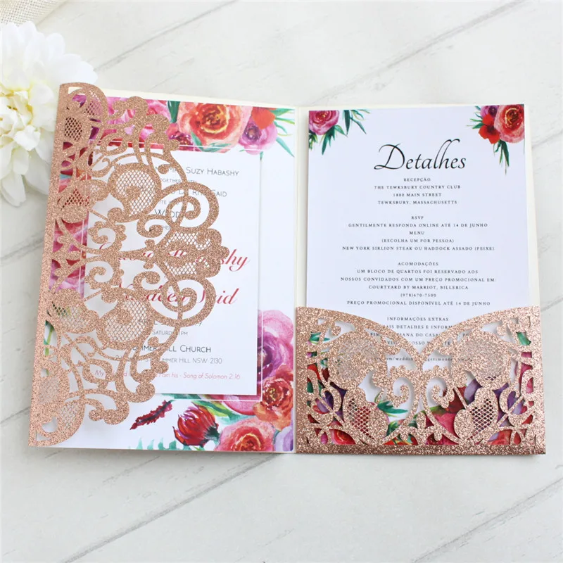 Розовое золото блестящее приглашение на свадьбу с конвертом три сложения