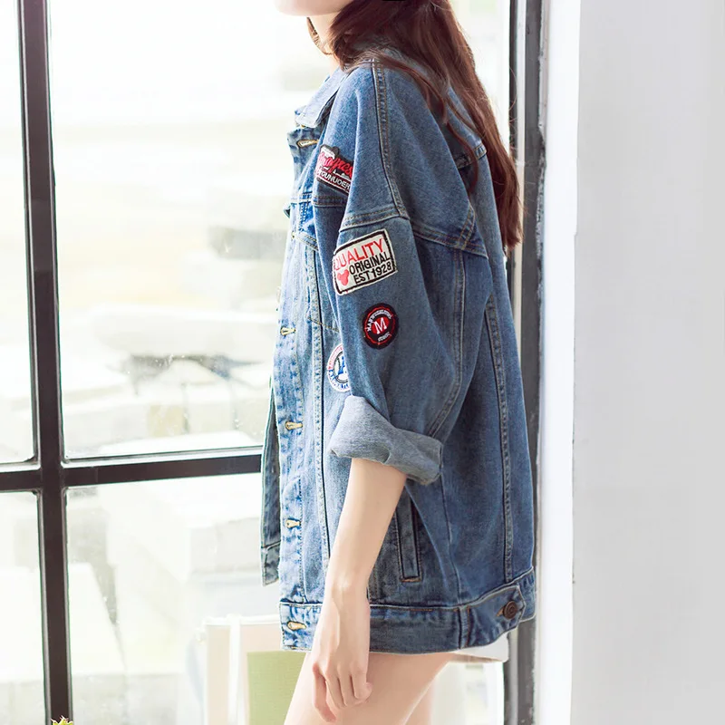 Женская джинсовая куртка с аппликацией Fionto винтажная свободная длинным рукавом