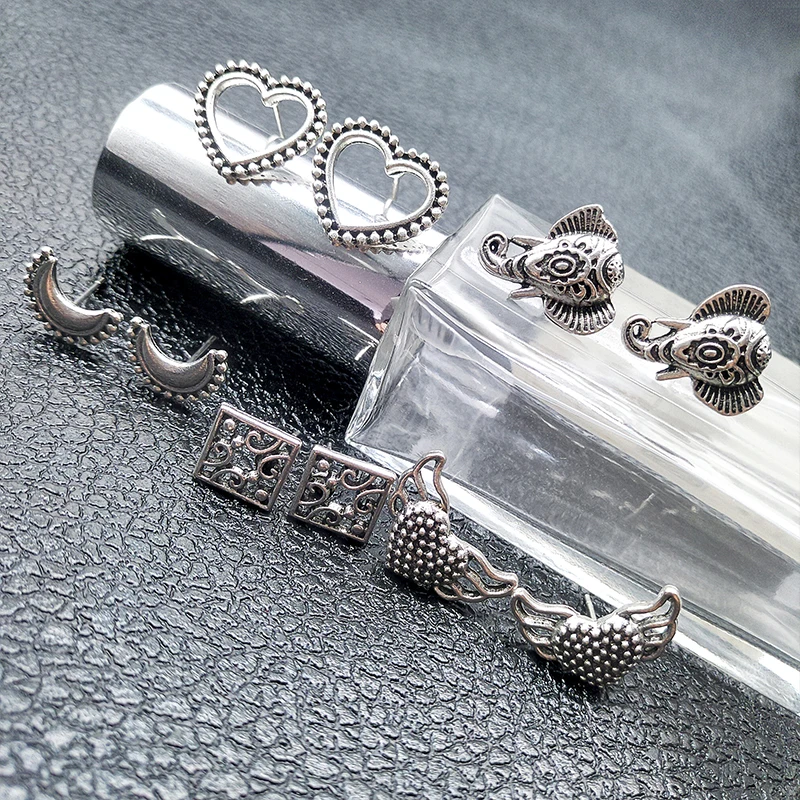10 Pcs/Set Retro Hollow Heart Wings Elephant Moon Square Silver Color Stud Earrings Women Wedding Party Jewelry Earring Set | Украшения и