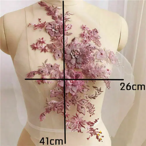 41CM X 26CM Lace Flower 3D Embroidery Flower Bridal Lace Applique Pearl Beaded Tulle Wedding Dress Embroidery Broderie DIY