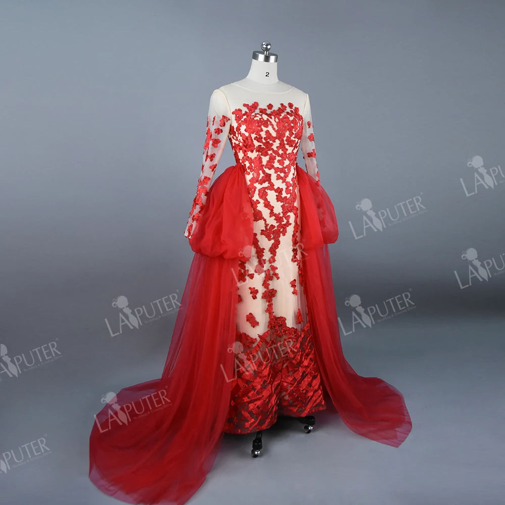 Real Photos Sheer O-neck Tulle Red Evening Dress with Puffy Removable Skirt Lace Applique Floor Length Prom Party Arabic | Свадьбы и