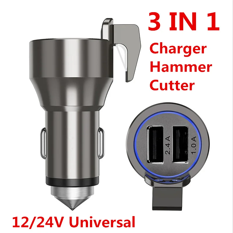 1224v car cigarette charger dual usb led circle universal multifunctional car phone charger with emergency escape hammer free global shipping